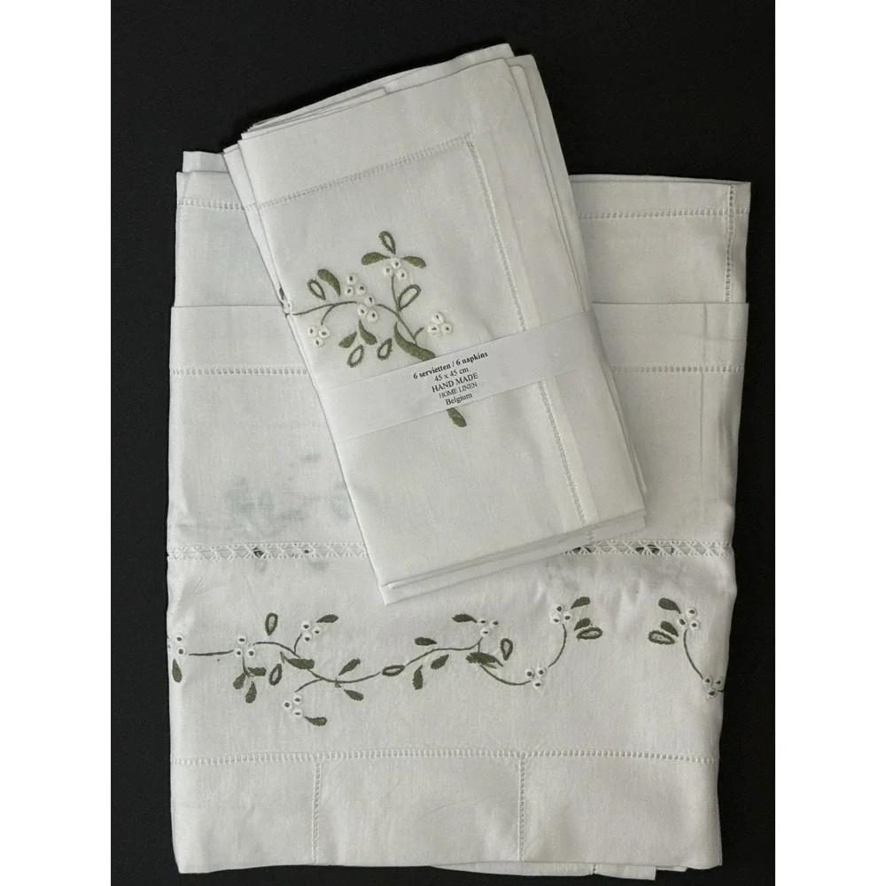 Vtg NEW Belgium Embroidered Linen Set 6 Napkins/39